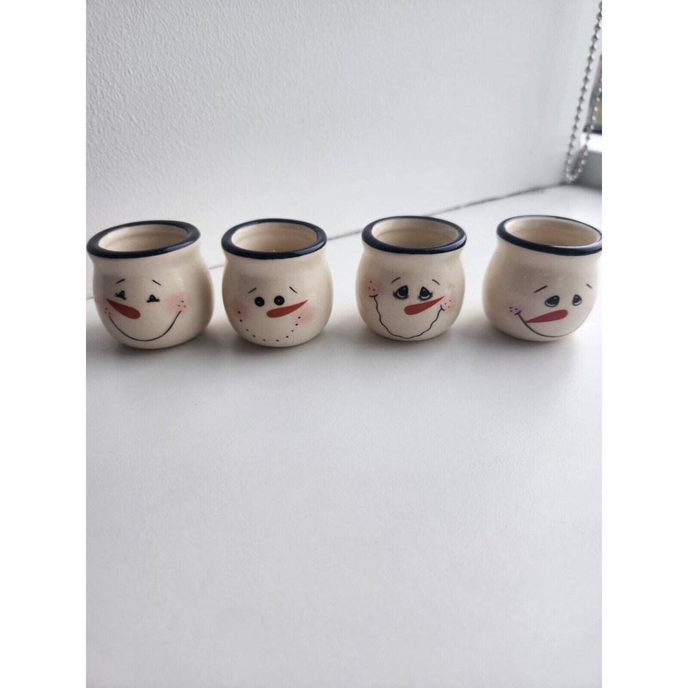 Set of‎ 4 Snowman Mini Jar Candles Ceramic Painted Christmas Holiday Winter